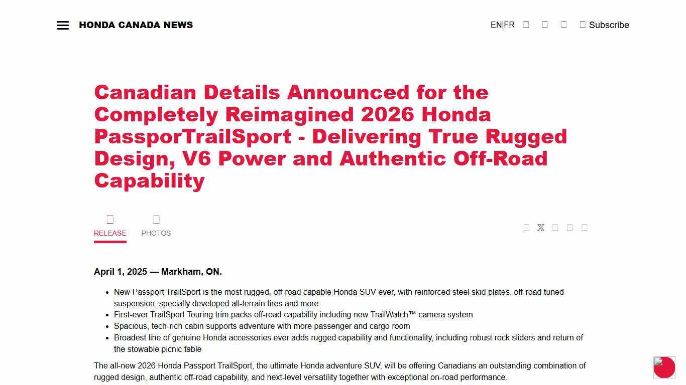 Canadian Details Announced for the Completely Reimagined 2026 Honda PassporTrailSport - Delivering True Rugged Design, V6 Power and Authentic Off-Road Capability