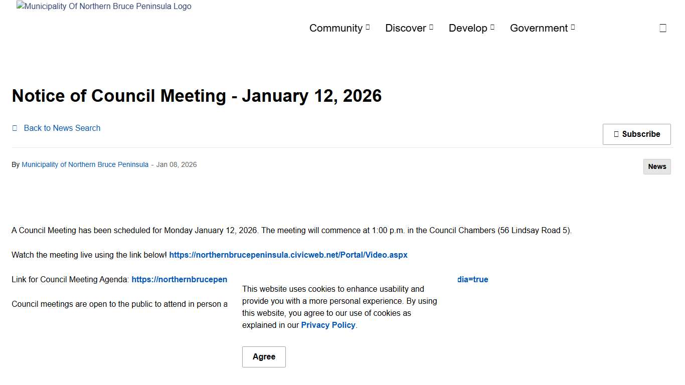 Notice of Council Meeting - January 12, 2026 | Municipality of Northern Bruce Peninsula